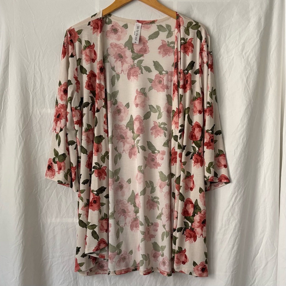 Floral Open Front Kimono Coverup - Pink & Green